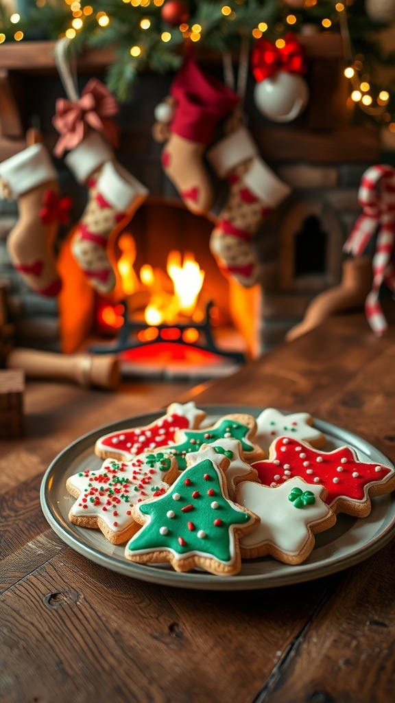 A plate of decorated Christmas doodle cookies with a glowing fireplace in the background.